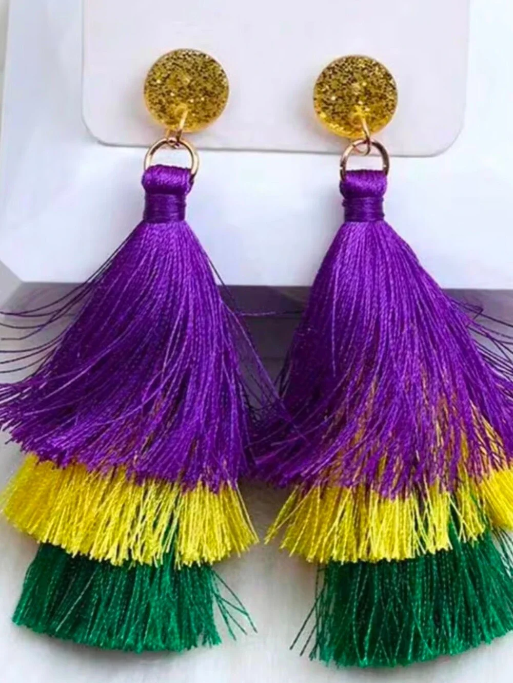 NWT NEW Multi Layer Tassel Earrings Mardi Gras Fleur de Lys